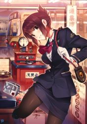 Rule 34 | 1girl, absurdres, ascot, black pantyhose, brown eyes, brown hair, female focus, gloves, grin, highres, kirenenko (usavich), legs, locomotive, multiple unit train, original, pantyhose, parted lips, pencil skirt, pixiv, short hair, skirt, smile, solo, tablet instrument block system, train, train attendant, travel attendant, uniform, usavich, vania600, white gloves