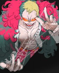 1boy abs blonde_hair coat devil_fruit_power donquixote_doflamingo evil_smile feather_coat feathered_coat foreshortening highres male_focus muscular muscular_male no_eyebrows octo33 one_piece open_clothes pectoral_cleavage pectorals pink_coat short_hair smile sunglasses thread unfinished