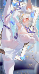 1girl absurdres animal_ears between_breasts blue_bow blush bow braid breasts bug butterfly elbow_gloves flower gloves hair_flower hair_ornament heart heart-shaped_pupils highres holding holding_picture_frame insect large_breasts leotard looking_at_viewer open_mouth original picture_frame rabbit_ears ribao solo split standing standing_on_one_leg standing_split symbol-shaped_pupils thighhighs thighs white_gloves white_hair white_leotard white_thighhighs yellow_eyes
