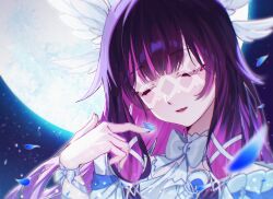 1girl black_hair bow closed_eyes columbina_(genshin_impact) crescent eye_mask falling_petals genshin_impact head_tilt head_wings highres long_hair moon multicolored_hair night night_sky open_mouth petals pink_hair senpai0820 sky solo streaked_hair two-tone_hair white_mask wings