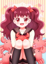 1girl absurdres blush crab cushion fluffy heart highres kanie_(precure) lace niwatori_(syamo_chamo) precure ribbon school_uniform smile solo twintails wonderful_precure!