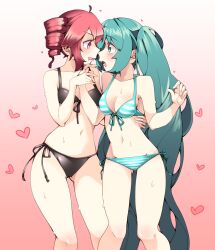 2girls bikini black_bikini blue_bikini blue_eyes blue_hair blush commentary drill_hair drooling eye_contact feet_out_of_frame gradient_background hand_on_another&#039;s_waist hatsune_miku heart highres holding_hands kasane_teto looking_at_another multiple_girls n0_image open_mouth pink_background pink_eyes red_hair side-tie_bikini_bottom striped_bikini striped_clothes sweat swimsuit twintails vocaloid white_background yuri