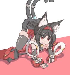 1girl animal_ear_fluff animal_ears black_gloves black_hair black_skirt black_thighhighs cat_ears cat_girl cat_tail fang gloves highres kyaong long_hair looking_at_viewer multiple_tails nekomiya_mana open_mouth partially_fingerless_gloves skin_fang skirt smile solo tail thighhighs two_tails zenless_zone_zero