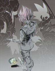 1boy dougi dragon_ball dragon_ball_gt dragon_ball_super earrings from_behind gogeta goku_black greyscale highres jewelry monochrome ommmyoh potara_earrings shirt single_earring son_goku spiked_hair spot_color super_saiyan super_saiyan_rose tunic vegeta