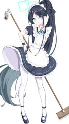 1girl absurdly_long_hair absurdres apron aris_(blue_archive) beguzemu0728 black_dress black_hair black_shoes black_wrist_cuffs blue_archive blue_eyes broom commentary dress highres holding holding_broom kei_(robot)_(blue_archive) long_hair looking_at_viewer maid maid_apron maid_headdress mary_janes pantyhose ponytail shoes smile solo very_long_hair white_background white_headdress white_pantyhose wrist_cuffs