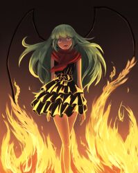 Rule 34 | 1girl, ansatsu kyoushitsu, backlighting, bare legs, black dress, dress, fire, green hair, kayano kaede, layered dress, long hair, looking at viewer, open mouth, red scarf, scarf, shiina shizuku, short dress, sleeveless, sleeveless dress, solo, teeth, tentacles, upper teeth only, yellow eyes, yukimura akari