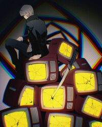 1boy black_pants chromatic_aberration cracked_screen dark_background facing_away gakuran grey_background grey_hair highres katana lluyss narukami_yu pants persona persona_4 school_uniform short_hair sitting solo static sword television weapon yasogami_school_uniform yellow_light