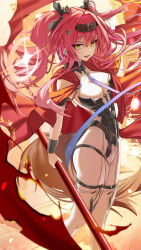 1girl absurdres armor black_bow bodysuit boots bow breastplate breasts chinese_commentary collar commentary earrings english_commentary hair_bow hair_ornament hairband headgear highres holding holding_polearm holding_weapon jewelry large_breasts long_hair looking_at_viewer lupa_(wuthering_waves) metal_collar metal_hairband mixed-language_commentary multilingual_commentary multiple_hair_bows pink_hair polearm red_hair red_pupils red_sash rena_(rena_emc2) sash smile solo thigh_boots weapon white_bodysuit white_boots wrist_guards wuthering_waves yellow_eyes