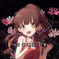 1girl bare_arms bare_shoulders black_background blunt_bangs brown_hair check_copyright clenched_hand commission copyright_request dress eyelashes finger_to_mouth floating_hair floral_background flower grey_eyes happy highres kitakawayui light_blush light_particles long_hair open_mouth original pink_flower ponytail red_dress sample_watermark sleeveless sleeveless_dress smile solo tareme teeth upper_body upper_teeth_only very_long_hair watermark white_flower