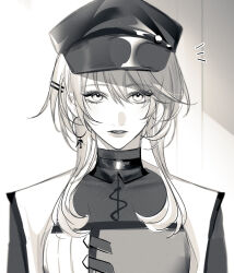 1girl against_wall belt_buckle belt_collar buckle collar collared_jacket covered_collarbone detached_collar earrings expressionless eyelashes greyscale hair_between_eyes hair_ornament hairclip hat high_collar highres hoop_earrings indoors jacket jewelry lapels layered_shirt lipstick long_sleeves looking_at_viewer makeup military_hat military_uniform monochrome nightingale_(path_to_nowhere) notice_lines open_clothes open_jacket parted_lips path_to_nowhere peaked_cap peaked_lapels short_hair_with_long_locks sidelocks single_earring solo toho10min two-sided_fabric two-sided_jacket upper_body
