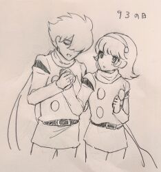 1boy 1girl belt closed_eyes coat couple cyborg cyborg_009 francoise_arnoul hair_over_one_eye hairband highres holding_hands looking_at_another makiba_(mgmgcat) military_uniform scarf shimamura_joe short_hair simple_background sketch