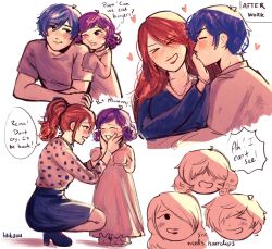 1boy 2girls aged_up artist_name blue_hair blush child couple english_text father_and_daughter highres husband_and_wife if_they_mated kirijou_mitsuru laikauu mother_and_daughter multiple_girls persona persona_3 persona_3_reload red_hair signature sketch yuuki_makoto_(persona_3)