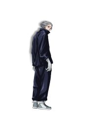 Rule 34 | 1boy, anime coloring, back, bandaged arm, bandaged hand, bandages, black jacket, black pants, colored skin, covered mouth, earrings, eyeliner, full body, gaku (sakamoto days), grey shoes, hair slicked back, highres, jacket, jewelry, looking at viewer, looking back, makeup, male focus, moriyama you, official art, pants, red eyeliner, red eyes, sakamoto days, shoes, simple background, solo, standing, transparent background, white skin