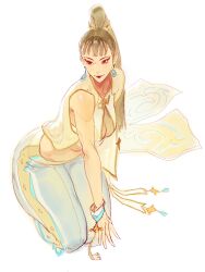 Rule 34 | 1girl, a tai, breasts, capcom, chun-li, earrings, eyeshadow, high ponytail, highres, jewelry, long hair, makeup, official alternate costume, pants, ponytail, red eyeshadow, red lips, simple background, solo, street fighter, street fighter 6, thick thighs, thighs, vest, white background