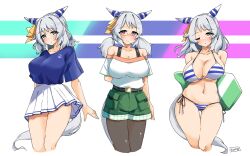 1girl alternate_costume animal_ears artist_name bare_shoulders bespectacled bikini black_pantyhose blue_shirt blush breasts casual cleavage commentary_request cowboy_shot ear_covers ear_ornament glasses gluteal_fold green_shorts grey_hair highres hishi_miracle_(umamusume) horse_ears horse_girl horse_tail komb large_breasts medium_hair multiple_views navel one_eye_closed pantyhose pleated_skirt red-framed_eyewear semi-rimless_eyewear shirt shorts simple_background skirt smile striped_bikini striped_clothes swimsuit tail thighs umamusume white_skirt