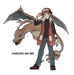 Rule 34 | 1boy, absurdres, arm at side, black shoes, character name, charizard, closed mouth, coat, commentary request, gen 1 pokemon, hand on headwear, hand up, hat, highres, ichi kawa ichi, male focus, nintendo, official alternate costume, pants, pokemon, pokemon (creature), pokemon masters ex, red (pokemon), red (sygna suit) (pokemon), red coat, red hat, shirt, shoes, short hair, sleeveless, sleeveless coat, standing, white background, wristband