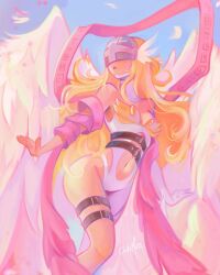 1girl angel_wings angewomon belt belt_buckle blonde_hair blue_sky breasts brown_belt buckle chest_belt chibimica cleavage clothing_cutout commentary covered_eyes day digimon digimon_(creature) digimon_adventure english_commentary expressionless feathered_wings feathers feet_out_of_frame hagoromo highres leotard long_hair multiple_belts multiple_wings navel o-ring o-ring_belt outdoors parted_lips seraph shawl sidelocks signature sky solo stomach_cutout thigh_belt thigh_strap very_long_hair visor_(armor) white_leotard white_wings winged_headwear wings