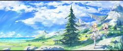 2girls absurdres arm_up bare_shoulders black_cape black_gloves blonde_hair blue_sky blush boots breasts cape cliff closed_eyes closed_mouth cloud cloudy_sky commentary_request day detached_sleeves dress field flower flying geez genshin_impact gloves gold_trim grass hair_between_eyes hair_flower hair_ornament halo hand_on_own_hip hand_up highres holding holding_stick index_finger_raised light_rays looking_at_another looking_to_the_side lumine_(genshin_impact) medium_breasts medium_hair mountain multiple_girls ocean open_mouth outdoors paimon_(genshin_impact) partially_fingerless_gloves path road rock scenery short_hair_with_long_locks sidelocks single_thighhigh sky sleeveless sleeveless_dress star_(symbol) star_hair_ornament stick sunbeam sunlight talking thigh_boots thighhighs tree vambraces walking water white_cape white_dress white_flower white_footwear white_hair white_thighhighs wide_shot yellow_eyes
