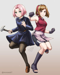 2021 2girls armpits artist_name bandaged_leg bandages bandana bare_shoulders blush breasts brown_background brown_eyes brown_hair cosplay costume_switch crossover feet full_body gloves gradient_background green_eyes hammer haruno_sakura holding holding_weapon jujutsu_kaisen kugisaki_nobara medium_breasts mono_land multiple_girls nails naruto_(classic) naruto_(series) one_leg_raised pantyhose pink_hair skirt smile weapon