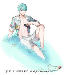 Rule 34 | 1boy, beach, black sandals, blue shirt, commentary request, esker (king&#039;s raid), green hair, grey eyes, holding, holding removed eyewear, hwansang jungdog, in water, king&#039;s raid, korean commentary, looking at viewer, male focus, male swimwear, mixed-language commentary, official alternate costume, official art, on ground, open clothes, open shirt, partial commentary, sandals, seashell, shell, shirt, smile, solo, starfish, sunglasses, unworn eyewear, white male swimwear