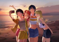 4girls :p absurdres arm_at_side arm_up arms_behind_back backlighting bare_shoulders beach black_eyes black_hair black_shorts blonde_hair blush braid breasts cellphone chromatic_aberration closed_eyes cloud cloudy_sky collarbone cowboy_shot crop_top crop_top_overhang denim denim_shorts dot_nose double_horizontal_stripe drawstring earrings egashira_mika evening foam gradient_sky green_eyes grey_sky gym_shorts hand_on_another&#039;s_shoulder hand_up happy head_tilt heart heart_earrings highres holding holding_phone hood hood_down hooded_jacket hoop_earrings horizon iwakura_mitsumi jacket jewelry kemimono kurume_makoto laughing light_smile lineup looking_back low_twin_braids low_twintails lower_teeth_only midriff midriff_peek multiple_girls murashige_yuzuki navel open_clothes open_jacket orange_sky outdoors parted_bangs phone red_hair selfie shore short_twintails shorts skip_to_loafer sky small_breasts smartphone sports_bra sun sunlight sunset swept_bangs taking_picture tank_top teeth thighs tongue tongue_out tsurime twin_braids twintails water white_tank_top yellow_jacket yellow_shorts yellow_sky