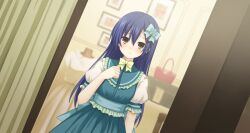 1girl bag blue_hair breasts brown_eyes date_a_live dress dutch_angle game_cg gekijouban_date_a_live:_mayuri_judgement genderswap genderswap_(mtf) hair_ornament itsuka_shiori long_hair looking_at_viewer medium_breasts official_art picture_frame shoulder_bag solo third-party_source