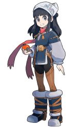 1girl akari_(pokemon) belt black_hair boot_straps boots brown_belt commentary english_commentary eyelashes floating_scarf full_body grey_eyes headscarf highres hisuian_poke_ball holding holding_poke_ball knees long_hair long_sleeves nintendo poke_ball pokemon pokemon_legends:_arceus pouch red_scarf scarf sidelocks simple_background smile solo standing vikthor01 white_background white_headscarf white_headwear