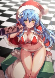 1girl absurdres bikini blue_hair bottle box cape christmas closed_mouth elf flower fur-trimmed_cape fur_trim hair_between_eyes hair_flower hair_ornament hat highres holding holding_bottle hololive long_hair looking_at_viewer on_box pointy_ears pouring pouring_onto_self ral_(ralf) red_bikini red_cape sack santa_bikini santa_costume santa_hat sitting sitting_on_box smile solo swimsuit very_long_hair virtual_youtuber yellow_eyes yukihana_lamy