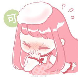 1girl argyle_clothes argyle_dress beret bloom_poetry_(shining_nikki) blunt_bangs blush bow bowtie chibi chinese_commentary chinese_text closed_eyes collared_shirt commentary_request covering_own_mouth cropped_legs dress flying_sweatdrops fur_hat hat high_collar highres long_hair long_sidelocks long_sleeves nikki_(nikki) nikki_(series) pinafore_dress pink_dress pink_hair red_bow red_bowtie shining_nikki shirt sidelocks simple_background sleeveless sleeveless_dress sleeves_past_wrists sneezing solo speech_bubble translation_request very_long_hair watermark weibo_watermark white_background white_hat white_shirt xiaoyu_qixing