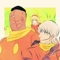 1girl 2boys albert_heinrich black_gloves black_hair blonde_hair coat cyborg cyborg_009 francoise_arnoul geronimo_jr gloves green_eyes grey_hair hairband hands_on_own_face highres looking_at_another messy_hair multiple_boys red_coat red_hairband sariokisu scarf short_hair yellow_scarf