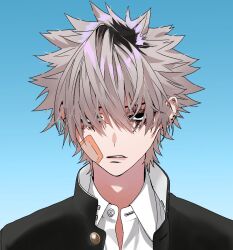 1boy black_eyes black_hair blue_background cross_scar ear_piercing earrings gradient_background grey_hair hair_between_eyes hair_over_eyes highres jewelry kanzaki_kaoru looking_at_viewer male_focus multicolored_hair multiple_piercings neoshoco phantom_busters piercing portrait roots_(hair) scar shirt short_hair simple_background solo spiked_hair teeth