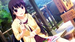 1girl :d bamboo bento black_hair blush breasts cardigan chopsticks collarbone day dutch_angle fence game_cg grisaia_(series) grisaia_no_meikyuu holding holding_chopsticks long_hair looking_at_viewer medium_breasts non-web_source open_mouth outdoors purple_eyes purple_shirt sakaki_yumiko shirt sign sitting skirt smile solo three-quarter_sleeves tree variant_set very_long_hair watanabe_akio water white_skirt wooden_fence yellow_cardigan