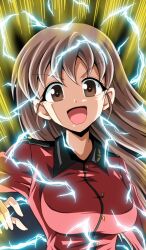 Rule 34 | 1girl, alternate hairstyle, aura, breasts, brown eyes, brown hair, commentary, dragon ball, dragonball z, electricity, girls und panzer, hair down, highres, jacket, kamishima kanon, large breasts, lightning, long hair, long sleeves, looking at viewer, military, military uniform, open mouth, parody, red jacket, rukuriri (girls und panzer), smile, solo, st. gloriana&#039;s military uniform, super saiyan, super saiyan 2, upper body