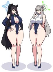 2girls absurdres adapted_costume animal_ear_fluff animal_ears arm_at_side arms_behind_back bare_arms bare_legs bare_shoulders black_hair blue_archive blue_footwear blue_halo blue_leotard breasts bridal_gauntlets chinese_clothes cleavage cleavage_cutout clothing_cutout commentary_request covered_navel curvy detached_sleeves dress flower green_eyes green_halo groin hair_bun hair_flower hair_ornament halo hand_on_own_hip high_heels high_ponytail highleg highleg_leotard highres huge_breasts korean_commentary lazy_ant leotard light_brown_hair long_hair long_legs looking_at_viewer multiple_girls nonomi_(blue_archive) ponytail shadow shirt shoes shun_(blue_archive) sidelocks simple_background single_side_bun smile standing super_highleg thick_thighs thighs tiger_ears tiger_girl very_long_hair white_background white_shirt wide_hips