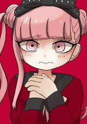 Rule 34 | 1girl, black bow, black hairband, black headband, blush, bow, closed mouth, eyelashes, female focus, frown, hair bow, hairband, hands up, headband, highres, long sleeves, looking at viewer, matching hair/eyes, pink eyes, pink hair, red background, simple background, solo, solo focus, the hundred line -last defense academy-, tsukumo kako
