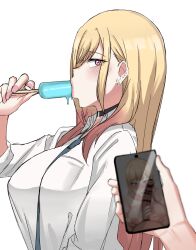 1boy 1girl absurdres bar_censor blonde_hair blue_necktie blush breasts cellphone censored chihel choker ear_piercing earrings eating food handjob highres holding holding_food holding_ice_cream ice_cream jewelry kitagawa_marin large_breasts large_penis long_hair looking_at_penis looking_at_viewer looking_to_the_side multicolored_hair necktie netorare nude penis penis_grab penis_on_cheek penis_on_face phone piercing pink_hair pink_nails pov red_eyes shirt smartphone sono_bisque_doll_wa_koi_wo_suru white_background white_shirt
