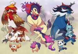 alternate_color armor black_eyes brown_eyes closed_eyes creatures_(company) cyndaquil dartrix dewott evolutionary_line fakemon fang fire game_freak gen_2_pokemon gen_5_pokemon gen_7_pokemon hat helmet highres hisuian_decidueye hisuian_samurott hisuian_typhlosion horns mouth_hold nintendo oshawott pokemon pokemon_(creature) purple_fire quilava red_eyes reidiantdawn rowlet seashell shell smile spikes twitter_username wings
