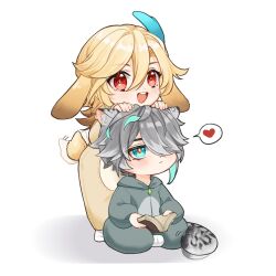 2boys :&lt; :d afterimage aged_down alhaitham_(genshin_impact) animal_ear_fluff animal_ears aqua_eyes aqua_hair blonde_hair blush book child chinese_commentary closed_mouth commentary_request expressionless feather_hair_ornament feathers floppy_ears genshin_impact grey_hair hair_between_eyes hair_ornament hair_over_one_eye hands_on_another&#039;s_head heart highres holding holding_book hood hood_down jitome kaveh_(genshin_impact) long_hair long_sleeves male_focus motion_lines multicolored_hair multiple_boys one_eye_covered onesie open_book open_mouth orangezhaoze parted_bangs rabbit_boy rabbit_ears rabbit_tail red_eyes short_hair sidelocks simple_background sitting smile snow_leopard_boy snow_leopard_ears snow_leopard_tail socks speech_bubble spoken_heart standing streaked_hair swept_bangs tail tail_wagging teeth upper_teeth_only white_background white_socks