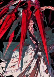 1boy absurdres black_background blonde_hair chinese_clothes chinese_commentary cloak colored_sclera cowboy_shot e.g.o_(project_moon) eastern_dragon_horns facial_mark frown glowing_pupils hagoromo hanfu highres itokenaikei limbus_company long_sleeves looking_ahead multiple_girls project_moon red_hanfu red_sclera shawl short_hair simple_background sinclair_(project_moon) solo tears_of_the_tarnished_blood_(e.g.o) white_cloak yellow_eyes