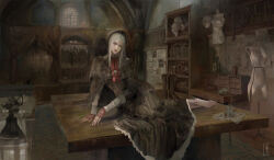 1girl ascot barefoot bloodborne bonnet boots brown_dress christian_angel closed_mouth corset doll doll_joints dress feet fingerless_gloves full_body gloves hand_on_table highres in-universe_location joints long_sidelocks long_sleeves mannequin painterly pale_skin parted_bangs plain_doll red_ascot red_lips shawl sidelocks signature sitting sitting_on_table solo teapot