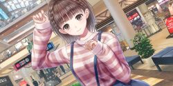 Rule 34 | 1girl, 6+others, arm up, blue reflection (series), blue reflection sun, blue suspenders, braid, breasts, brown eyes, brown hair, ceiling light, closed mouth, dutch angle, game cg, hand up, hanging plant, highres, hoshiya kanna, indoors, ivy, kishida mel, looking at viewer, mall, medium breasts, multiple others, non-web source, official art, pink shirt, plant, potted plant, railing, shirt, short hair, sign, skylight, sleeves past wrists, smile, solo focus, striped clothes, striped shirt, suspenders, twin braids