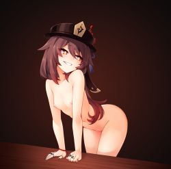 1girl arm_support black_hat black_nails blush bracelet breasts brown_hair collarbone commentary completely_nude earrings english_commentary eyeshadow flower flower-shaped_pupils genshin_impact grin hair_between_eyes hat hat_flower hetero highres hu_tao_(genshin_impact) jewelry long_hair makeup multicolored_hair multiple_rings nail_polish navel nipples nude porkpie_hat puffy_nipples red_eyes red_eyeshadow red_flower red_hair ricegnat ring single_earring small_breasts smile solo streaked_hair symbol-shaped_pupils tassel tassel_earrings teeth third-party_edit tsurime