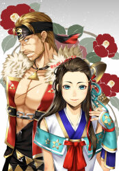 Rule 34 | black hair, blonde hair, blue eyes, brown eyes, chain, coat, facial hair, father and daughter, hair ribbon, hayakawa-dono, headband, hojo ujiyasu, japanese clothes, jewelry, kimono, lips, long hair, muscular, muscular male, necklace, parted bangs, ribbon, sakichi6891, scar, sengoku musou, smile, stubble