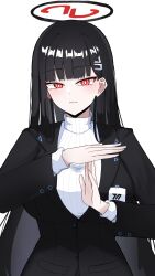 Rule 34 | 1girl, absurdres, black hair, black jacket, blazer, blue archive, blunt bangs, breasts, commentary, english commentary, hair ornament, hairclip, halo, highres, jacket, kloin-db17, large breasts, long hair, looking at viewer, red eyes, ribbed sweater, ringed eyes, rio (blue archive), simple background, solo, sweater, time-out (gesture), turtleneck, turtleneck sweater, white background, white sweater
