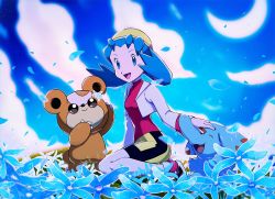 1girl :d bike_shorts blue_eyes blue_flower blue_hair breasts commentary_request creatures_(company) crescent_moon cropped_jacket eyelashes flower game_freak gen_2_pokemon highres jacket jeri20 kris_(pokemon) long_hair long_sleeves moon nintendo open_mouth outdoors petals phanpy pokemon pokemon_(creature) pokemon_gsc purple_shirt shirt shoes sky smile teddiursa tongue twintails white_jacket yellow_headwear