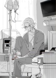 Rule 34 | 1boy, aotsuki eito, barefoot, bed, blood, blood bag, blood on fork, blood on hands, computer, curtains, foot out of frame, fork, glasses, highres, hikarudaihuku, holding, holding fork, hospital, hospital bed, hospital gown, id card, indoors, intravenous drip, iv stand, leg up, looking at viewer, male focus, monitor, monochrome, no shirt, parted lips, short hair, solo, spot color, syringe, television, the hundred line -last defense academy-, twitter username, watermark, window