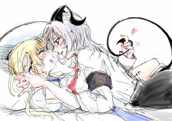 2girls blonde_hair commentary_request demon_horns demon_tail eye_contact grey_hair heart highres holding_another&#039;s_tail holding_hands horns interlocked_fingers long_hair long_sleeves looking_at_another multiple_girls necktie open_mouth phoebe_(wuthering_waves) pink_nails purple_eyes red_eyes red_necktie shirt simple_background smile tail white_background white_shirt wuthering_waves yuri yurikure4 zani_(wuthering_waves)