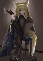1girl absurdres animal_ears arknights biting_own_lip blonde_hair blush boots cigarette clenched_teeth crossed_legs deppy feet foot_focus fox_ears fox_tail hair_over_one_eye highres long_hair looking_at_viewer orange_eyes pantyhose shoes sitting smoking soles tail teeth toes unworn_boots unworn_shoes vulpisfoglia_(arknights)