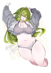 1girl anoyo_(anoyode0) arms_up blush bra breasts cleavage commission green_eyes green_hair grey_bra grey_hoodie grey_panties hood hoodie large_breasts lips long_hair midriff navel open_clothes open_hoodie open_mouth original panties plump signature skeb_commission solo sports_bra thick_thighs thighs underwear white_background wide_hips