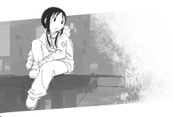 1girl chito_(shoujo_shuumatsu_ryokou) greyscale hood hood_down hooded_jacket jacket knee_up long_hair long_sleeves looking_to_the_side low_twintails monochrome open_mouth pants shoujo_shuumatsu_ryokou sitting solo twintails xfishsouls